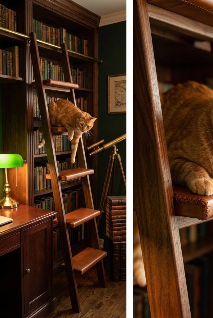 Shot from a slightly elevated 3/4 angle with a medium focal length capturing a dark academia-style study nook. Warm amber lig