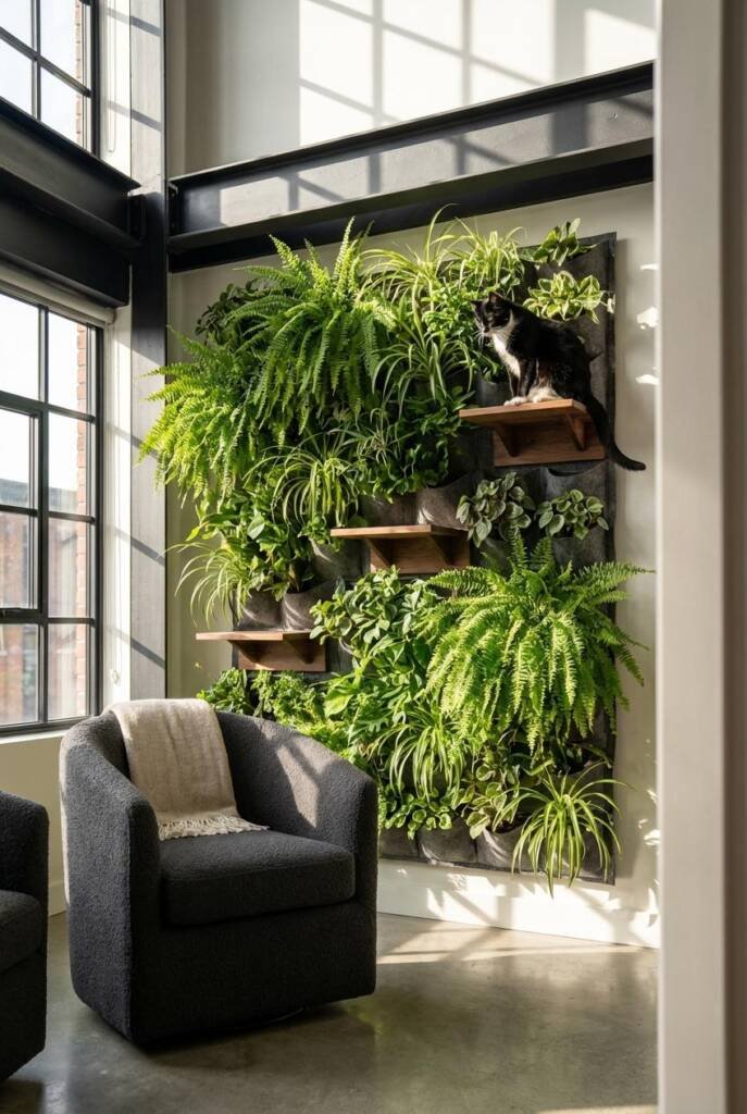 Wide-angle shot from the doorway threshold of a double-height industrial loft living room, capturing a dramatic floor-to-ceil