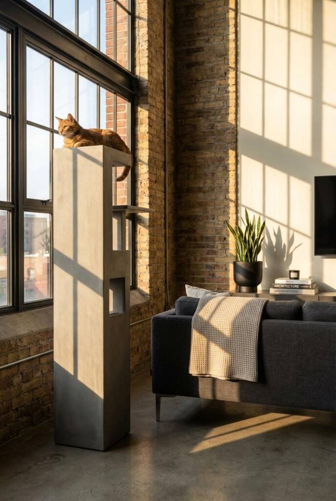 Shot from a slightly elevated 3/4 angle with a medium focal length, capturing a tall monolithic cat tower in matte cement-gra