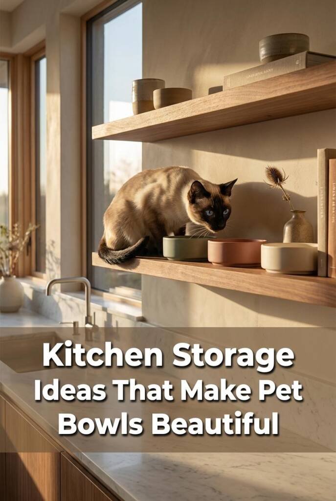 Two floating raw-edge walnut shelves on a warm greige limewash wall in a Japandi kitchen. The shelves display three handmade