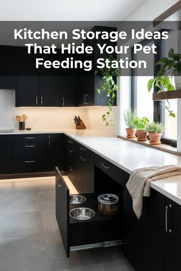 Warm greige Shaker kitchen with brushed brass hardware, a deep pull-out drawer open beneath the counter revealing two matte c