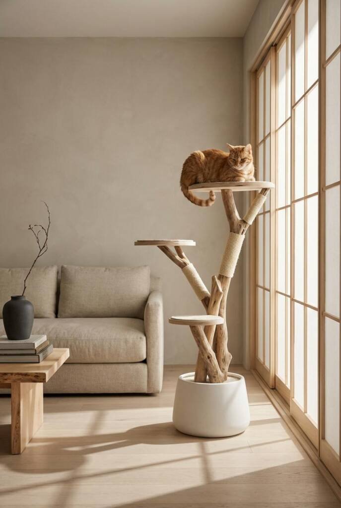 Shot from a slightly elevated 3/4 angle with a medium focal length capturing a sculptural bonsai-style cat tree with hand-car