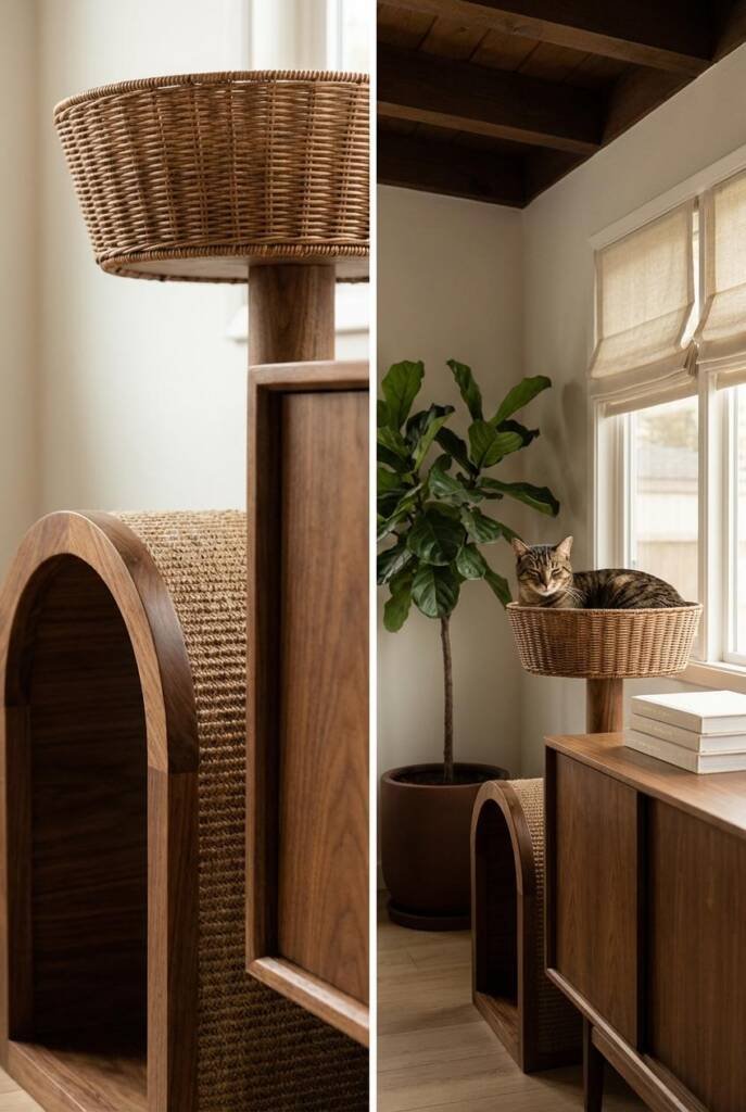 Slightly elevated 3/4 angle looking across a traditional Japandi-inspired living space with low ceilings and exposed dark tim