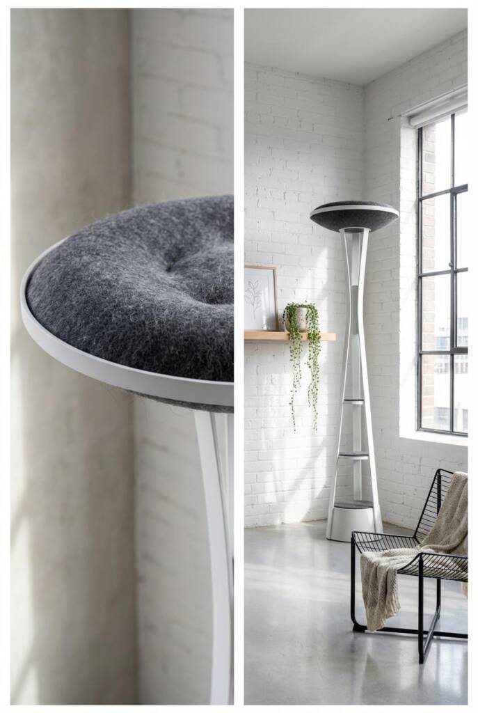 Wide-angle shot from a low corner looking up in a Scandinavian minimal studio apartment with white-painted exposed brick wall