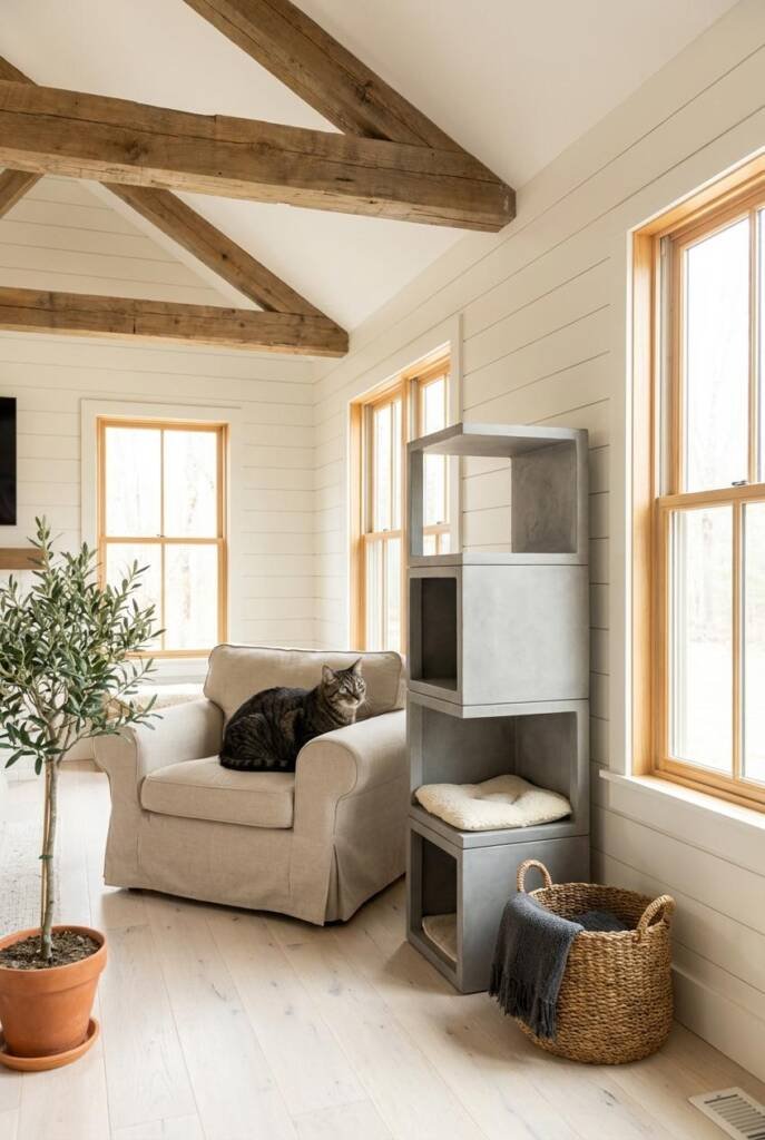 Shot from a wide angle at slightly low perspective in a modern farmhouse open-plan living area with shiplap accent walls pain