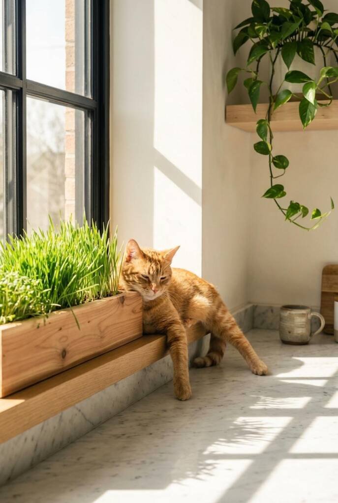 Shot from a slightly elevated 3/4 angle with a medium focal length, capturing a handmade raw cedar window box planter overflo