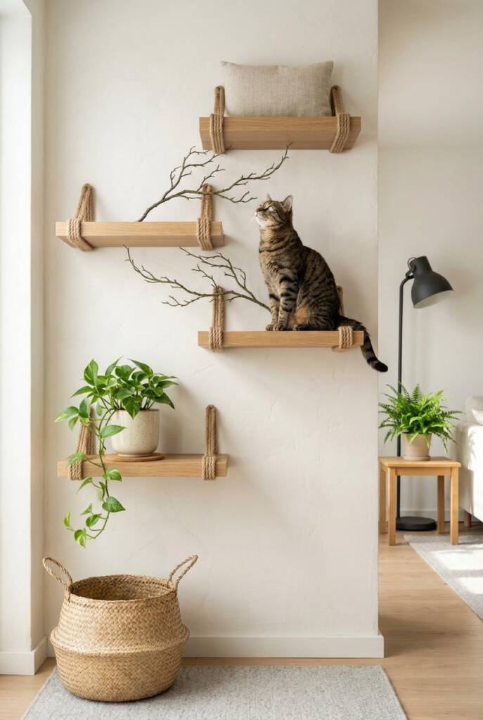 Eye-level straight-on shot of a Scandinavian-minimal hallway wall featuring staggered floating oak-toned LACK shelves wrapped