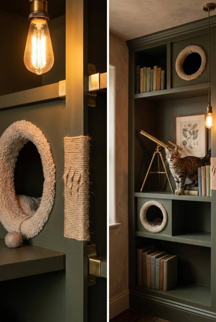 Slightly elevated 3/4 angle with wide-angle lens showing a dark academia studio nook with floor-to-ceiling built-in bookshelv