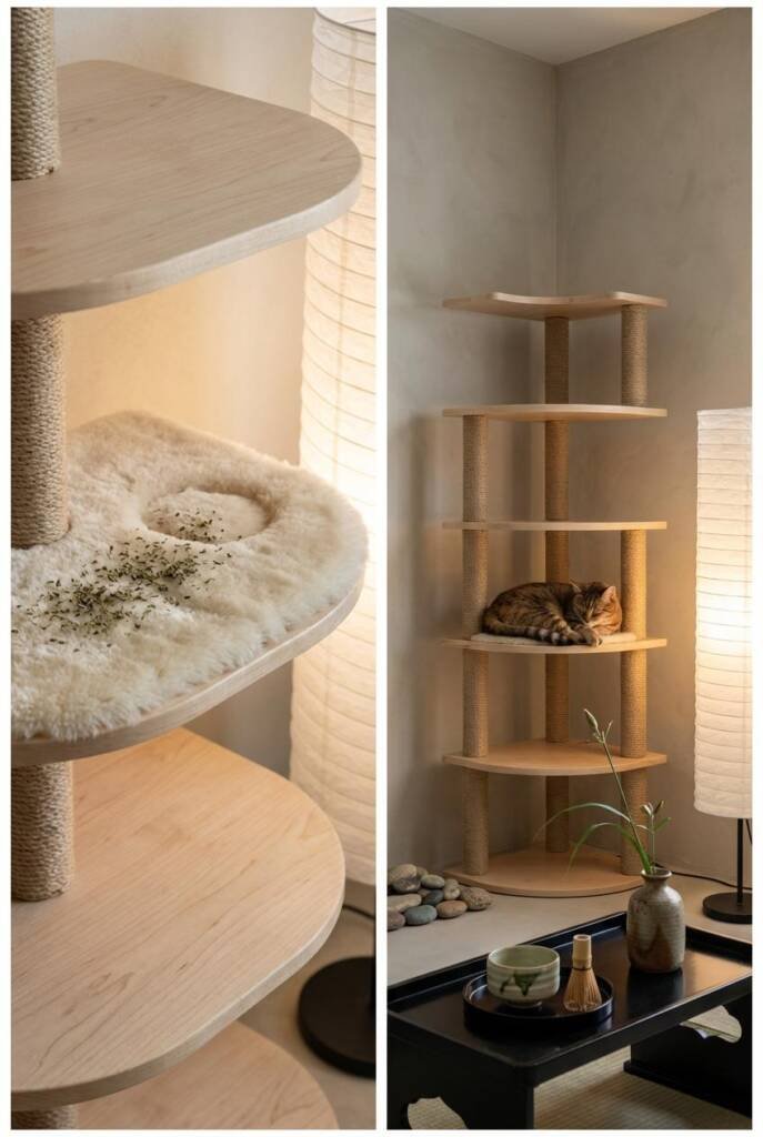 Medium shot at eye level in a Japandi-style meditation corner with hand-troweled warm greige lime-wash walls and a low ceilin