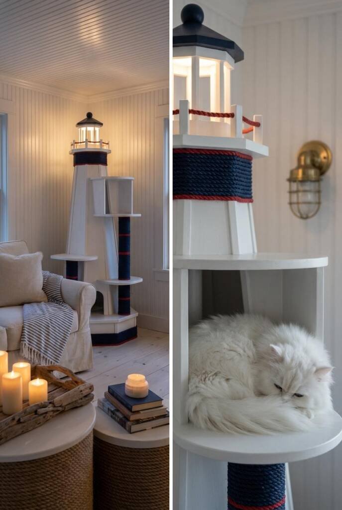 Shot from a slightly elevated 3/4 angle in a coastal cottage living room with white beadboard walls, brushed brass nautical s