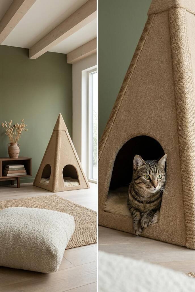 Eye-level straight-on composition in a Japandi-style living room with low double-height ceilings and exposed pale birch beams