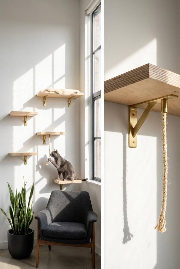 Eye-level straight-on composition inside a Scandinavian minimal studio with double-height white plaster walls. Three staggere