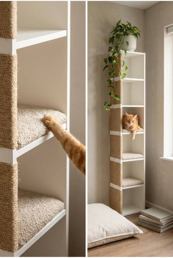 Shot from a slightly elevated 3/4 angle with a medium-wide lens capturing a narrow tall white bookcase mounted flush against