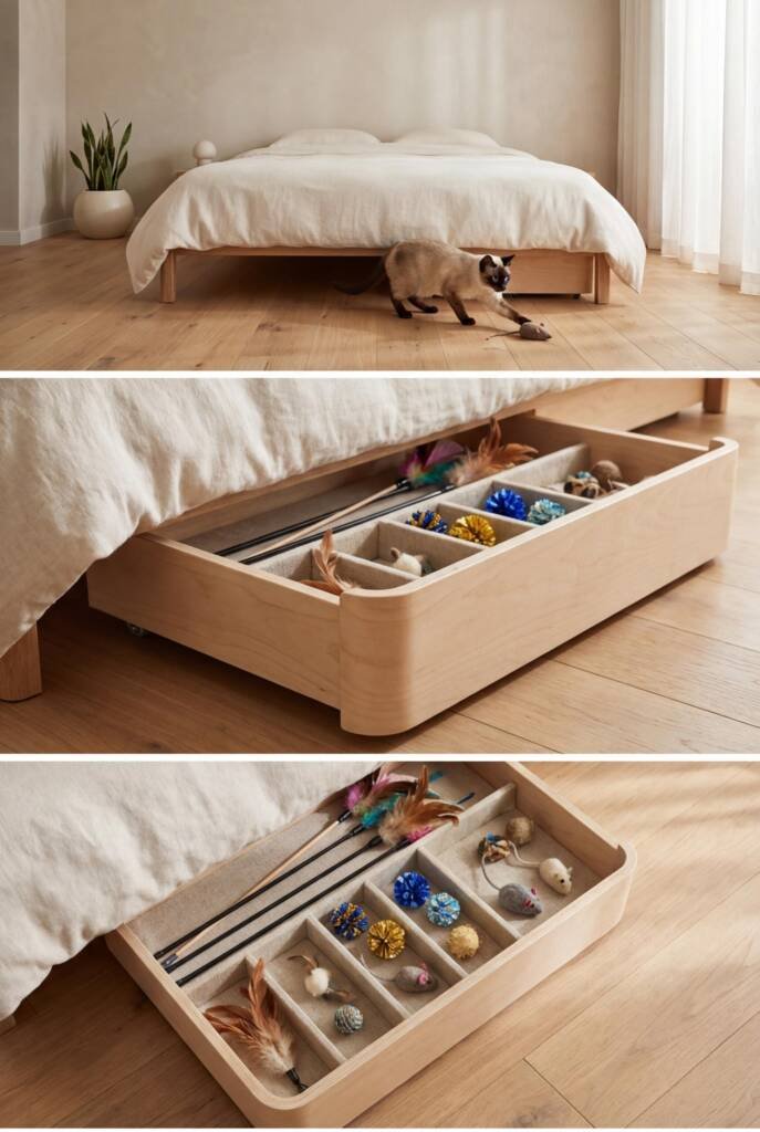 Slightly low angle shot from floor level looking across warm wide-plank white oak flooring toward a low Japandi-style platfor