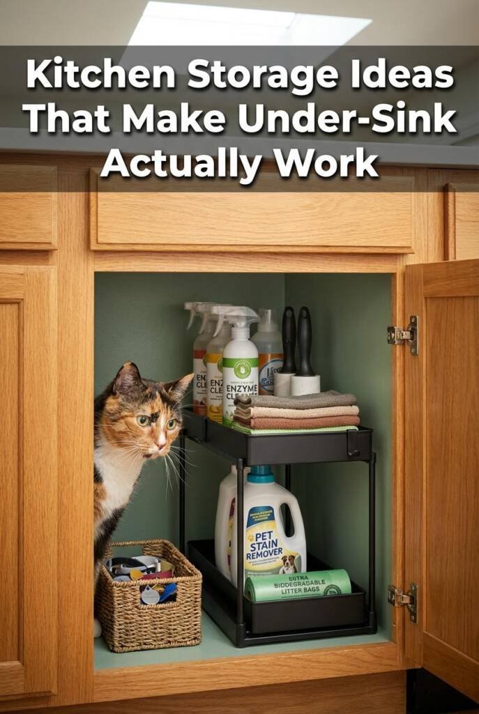 Open under-sink cabinet in a California casual kitchen with honey-toned flat-panel oak cabinetry. A two-tier matte black slid