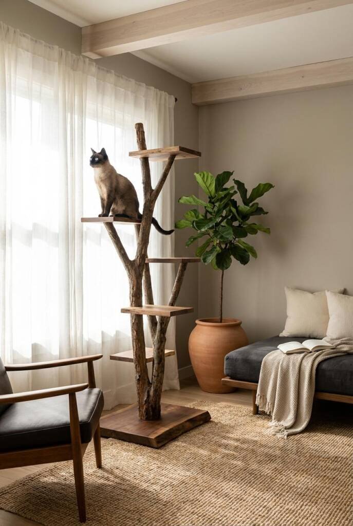 Medium shot from a slightly elevated angle capturing a tall asymmetrical cat tower made from real manzanita branches with raw