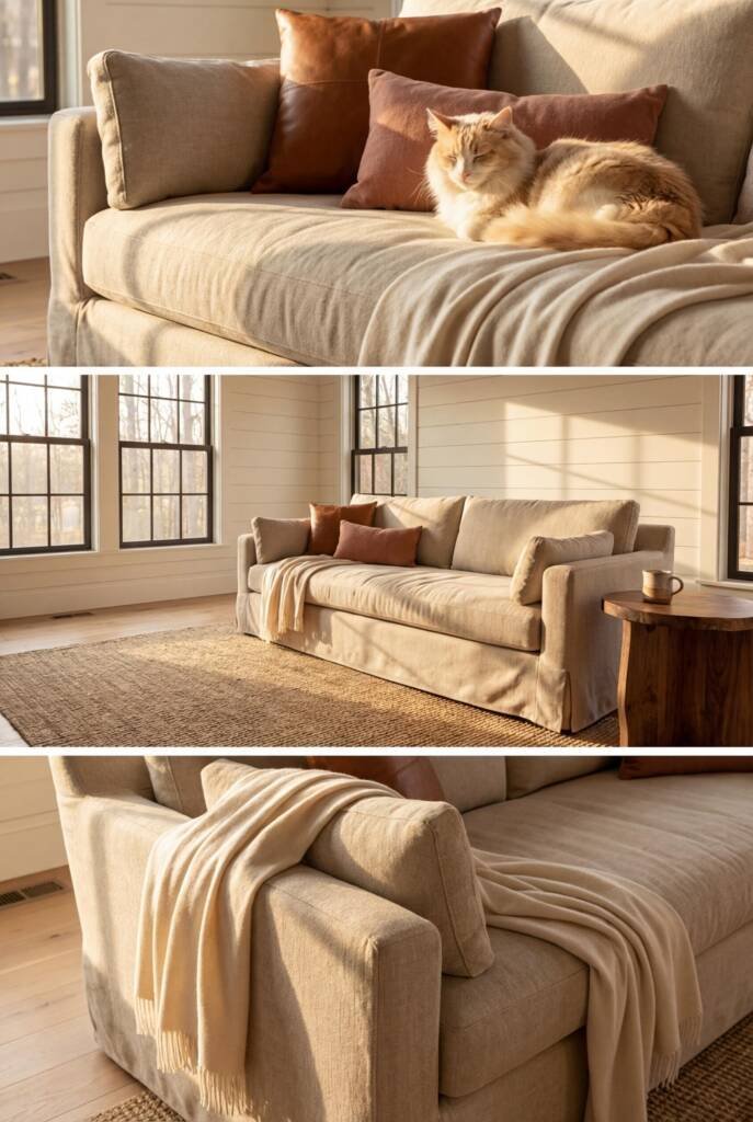 Shot from a medium distance at eye level capturing a deep-seated sofa with a heavyweight oatmeal performance-linen slipcover