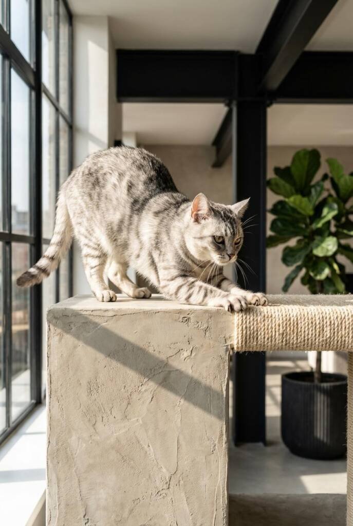 Tight crop medium shot focusing on the textured surface detail of a microcement-coated cat tower column, shot at eye level wi