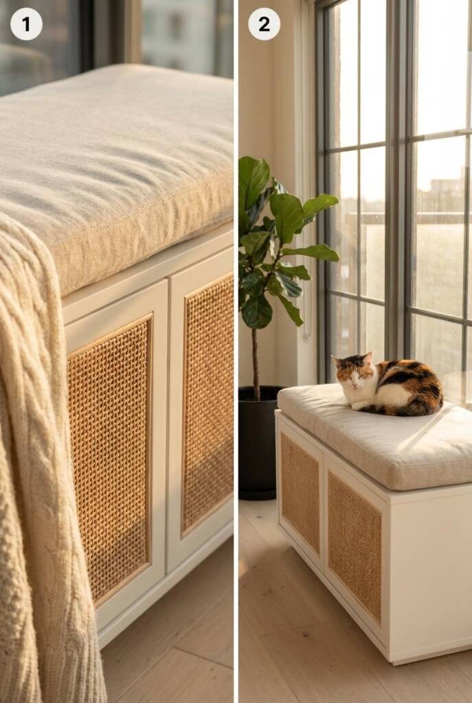 Shot from a medium 3/4 angle capturing a low matte white storage bench with woven rattan door fronts tucked beneath a large f
